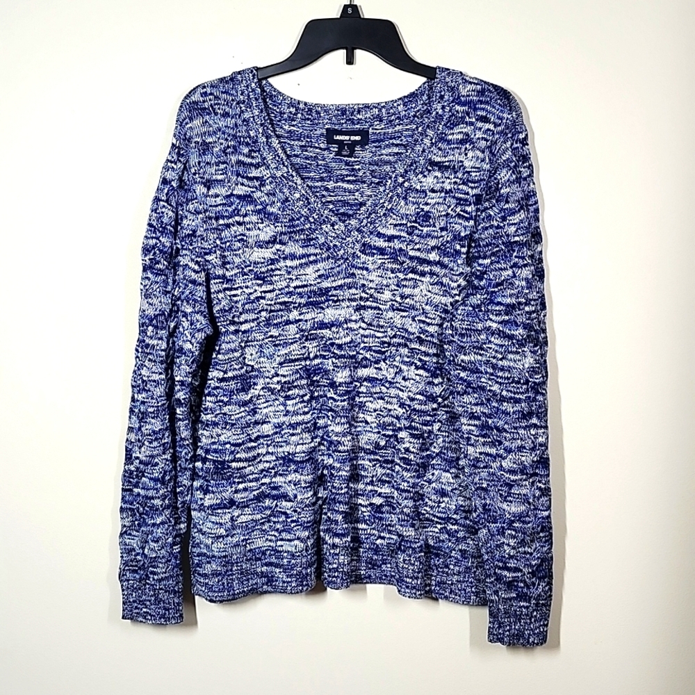 Lands End Heathered V Neck Sweater Blue White Heavyweight Cotton Large 14/16
